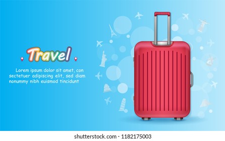 Red luggage and Airplane aerial with check in point travel around the world concept on bokeh Background. Top world famous landmark. blank space for text and content paper art, vector, banner, Poster,