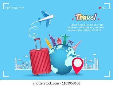 Red luggage and Airplane aerial with check in point travel around the world concept with camera display on Background. Top world famous landmark. paper art, vector, banner, Poster,