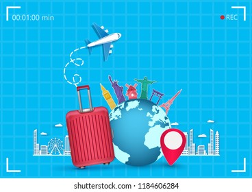 Red luggage and Airplane aerial with check in point travel around the world concept with camera display on Background. Top world famous landmark. paper art, vector, banner, Poster,