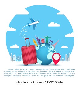 Red luggage and Airplane aerial with check in point travel around the world concept on Background. Top world famous landmark. blank space for text and content paper art, vector, banner, Poster,