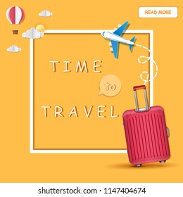Red luggage and Airplane aerial with travel concept. Design Invitation Template on Orange Background Design, Card for greeting Poster, banner, paper art,