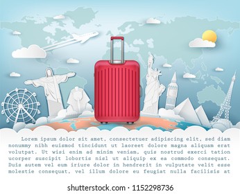 Red luggage Earth travel around the world concept with Top world famous landmark and building Blue sky cloud sun with plane background blank space for text and content paper art banner Vector 