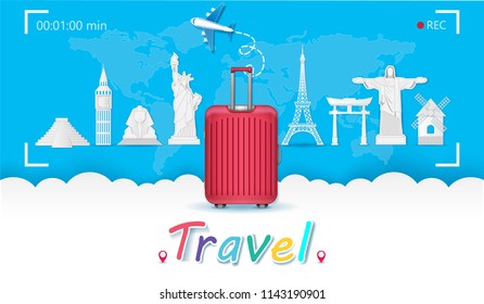 Red luggage Earth world with Top world famous landmark and Ferris wheel Blue sky cloud sun with plane on background travel concept blank space for text and content paper art Vector illustration.
