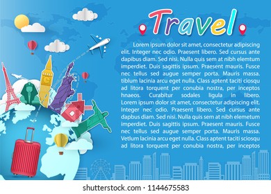 Red luggage Earth world with Top world famous landmark and building Blue sky cloud sun with plane balloon on background travel concept blank space for text and content paper art banner Vector 
