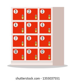 Red luggage storage, сamera temporary storage of things in the supermarket. Rack with doors, locks keys with green tags and number sticker isolated on white background. Flat style vector illustration.