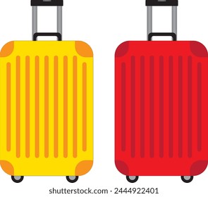 Red luggage and yellow luggage. Suitcase plastic bag flying, red and yellow. flat design style.