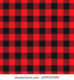 Red lumberjack plaid. Bold red and black checkered pattern with alternating solid and striped squares across the design vector