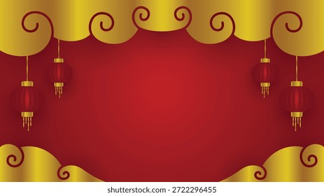 Fondo rojo de la Plantilla del año Nuevo lunar que presenta nubes doradas y linternas tradicionales colgantes en un fondo del espacio de copia para el texto conveniente para los acontecimientos estacionales y las promociones de las vacaciones.