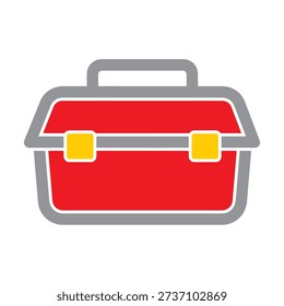 A red lunchbox with a gray handle and yellow clasps on a simple background