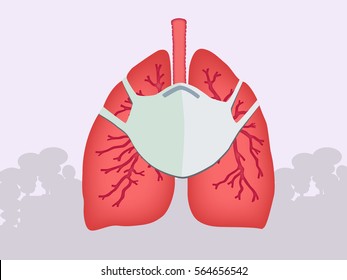 Pulmones rojos vestidos con máscara protectora. Contaminación del aire. Smog. humo en el fondo. Proteger los pulmones. Vector