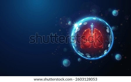Red Lungs Made of Neon Particles Protected by Shield from Virus on the Side. Abstract geometric illustration on virulent respiratory disease prevention healthcare medical concept on blue background