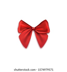 Red lush gift bow from silk or satin ribbons, realistic vector illustration isolated on white background. Birthday or Christmas present boxes and packs textile decor.