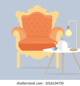 Red luxury armchair with wooden legs and board with pot of tea. Modern design throne in dark room with a loft lamp. Flat vector illustration isolated on the grey background.