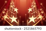 Red luxury award ceremony background with moving gold stars, light beams, bokeh, and ribbon decorations. Ideas for upscale event designs. Vector illustration.