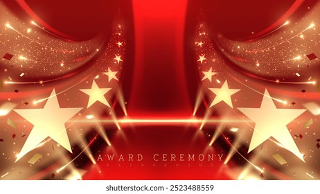 Fundo de cerimônia de premiação de luxo vermelho com estrelas de ouro em movimento, vigas de luz, bokeh, e decorações de fita. Ideias para designs de eventos de luxo. Ilustração vetorial.