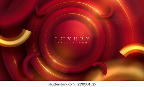 Fondo rojo de lujo con marco de círculo 3d con línea dorada y luz brillante con efecto borroso y bokeh.