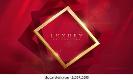 Red luxury background with 3d gold square and glitter light effect with bokeh decoration and beam.