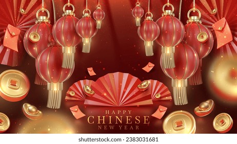 Roter luxuriöser Hintergrund mit 3D-realistischer chinesischer Neujahrsverzierung und glänzender Dekoration mit Lichteffekt und Bokeh. Vektorgrafik.