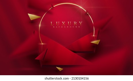 Un fondo de lujo rojo. 3 d elemento de forma triangular con línea de curva dorada y luz brillante con decoración de efecto borroso.