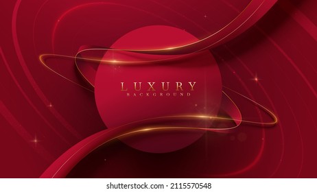 Red luxury background with circle frame and ribbon elements with glitter light effect decoration.