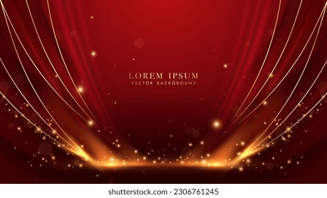 Red luxury background decoration with golden line, curve light, bokeh and glitter light  effect elements. Elegant style vector design