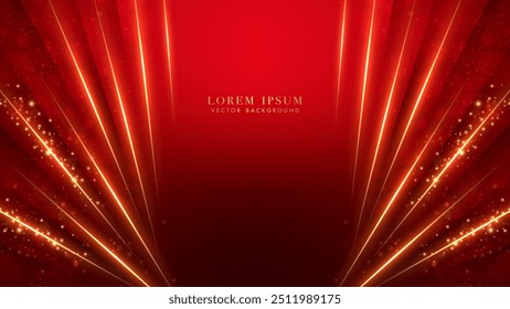 Red luxury background with diagonal golden lines sparkle glowing effect and bokeh elements. Vector illustration