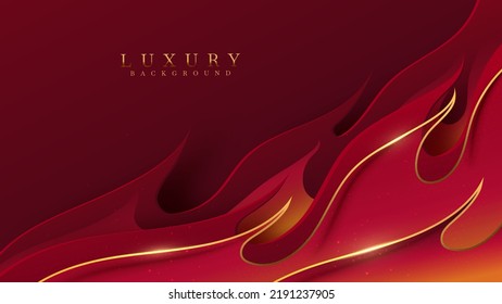 Red luxury background with fire pattern with golden line elements and glitter light effect decoration.