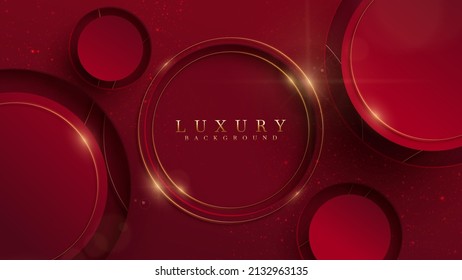 Red luxury background with gold circle frame element with glitter light effect decoration and bokeh.