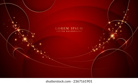 Red luxury background with gold circle, line curve, and glittering light effects. Elegant style vector design