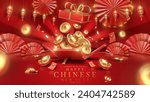 Red luxury background with gold coin elements in an open gift box with 3D realistic Chinese New Year ornaments and glitter and bokeh effect decoration.