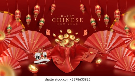 Red luxury background with gold coin in silk with 3d realistic chinese new year ornament and glitter light effect decoration and bokeh. Vector illustration.