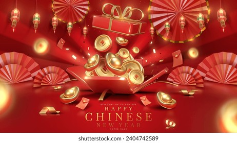 Red luxury background with gold coin elements in an open gift box with 3D realistic Chinese New Year ornaments and glitter and bokeh effect decoration.