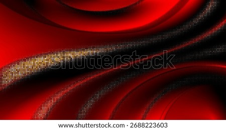 Red luxury background with gold dotted pattern. Elegant silk curve flow with shimmering decoration. Bg for Christmas, New Year and Valentine day card and invitation. Vector illustration, EPS 10.