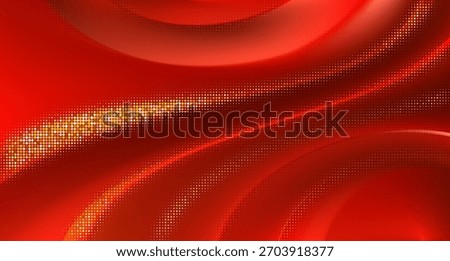 Red luxury background with gold dotted pattern. Elegant silk curve flow with shimmering decoration. Bg for Christmas, New Year and Valentine day card and invitation. Vector illustration, EPS 10.