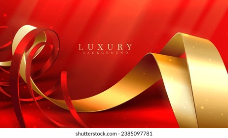 Red luxury background with gold ribbon elements and spotlight effect with glitter light decorations with bokeh.