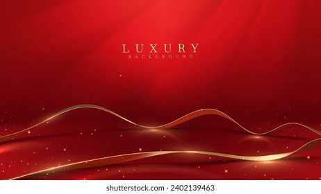 Red luxury background with gold ribbon elements and spotlight effect with glitter light decorations with bokeh.