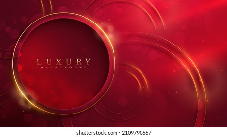 Fondo rojo de lujo y marco de círculo dorado con una decoración de efecto luminoso brillante y bokeh.