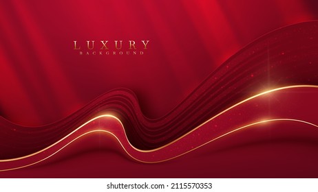 Red Luxury Background With Golden Curve Elements And Glitter Light Effect Decoration.