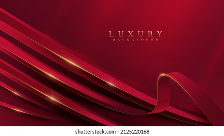 Fondo de lujo rojo con elementos de curva dorada y decoración de efecto luminoso brillante.