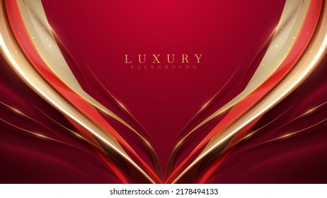 Red luxury background with golden curve decoration with glitter light effect elements and bokeh.