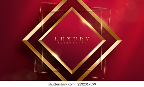 Red luxury background with golden frame element and glitter light with bokeh effect decoration.