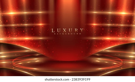 Red luxury background with golden line decoration and curve light effect with bokeh elements.