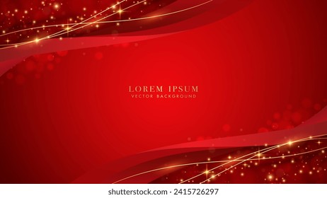 Red luxury background with golden line, red curve, glitter light effect and bokeh. Vector illustration