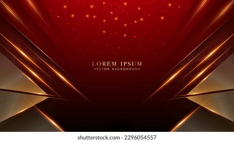 Red luxury background with golden lines triangle corner, glowing lines elegant shine and glittering light effects elements. Vector illustration