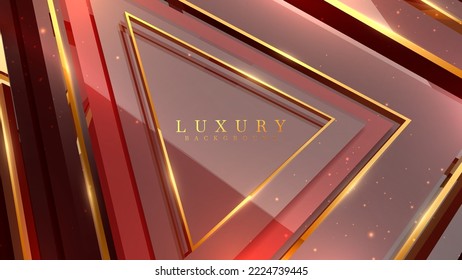 Fondo de lujo rojo con elementos de marco triangular dorado sobre la superficie de vidrio y brillante decoración de efecto claro y bokeh. Diseño de estilo 3d realista. Ilustración vectorial.