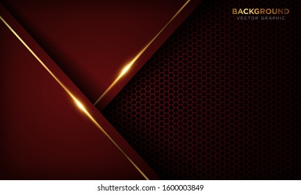 Red luxury background with overlap layers. Texture with golden line and shiny golden light effect. Vector illustration.