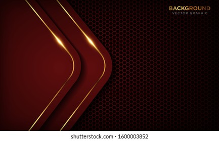 Red luxury background with overlap layers. Texture with golden line and shiny golden light effect. Vector illustration.