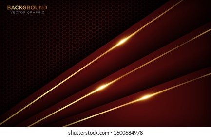 Red luxury background with overlap layers. Texture with golden line and shiny golden light effect. Vector illustration.