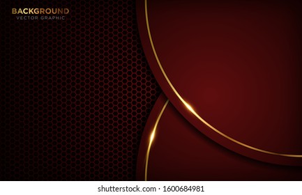 Red luxury background with overlap layers. Texture with golden line and shiny golden light effect. Vector illustration.