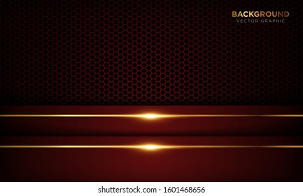 Red luxury background with overlap layers. Texture with golden line and shiny golden light effect. Vector illustration.